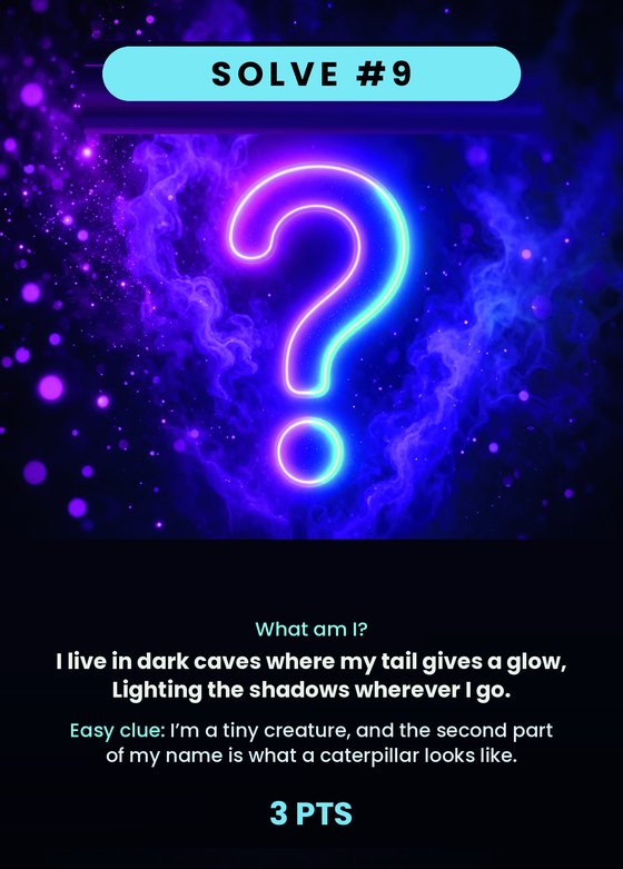 A Solve card: a riddle about a creature whose tail gives a glow.