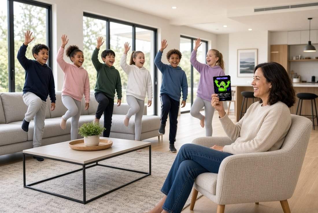 Children balancing on one leg in a lounge while the Game Master holds up an Act card.